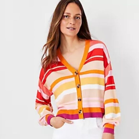 Ann Taylor Rainbow Striped V-Neck Lightweight Button Front Knit Everyday Sweater - Picture 1 of 13